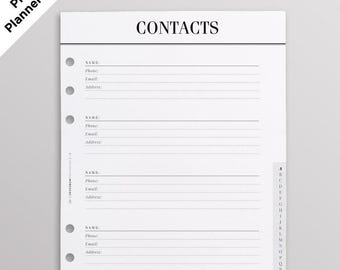 May include: A white planner page with the text 25 Printed Planner Pages in the corner. The page features the heading CONTACTS, five sections for name, phone, email, and address, six binder holes on the left, and an alphabetical index on the right.