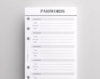 PRINTED Personal Planner Inserts Password Keeper / Log | Printed Kikki K Medium Inserts | Crossbow Planner Co Printed Personal Planner Pages