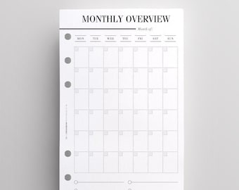 PRINTED Monthly Overview Inserts With List | Personal Month on One Page | Monthly Overview | Personal Planner Insert for Filofax & LV Agenda