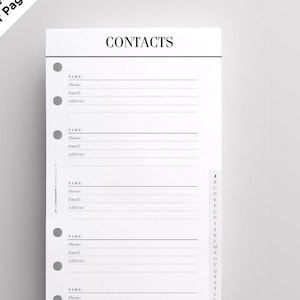 May include: A black and white printable planner page with the word "CONTACTS" at the top. The page has five sections for contact information, each with fields for name, phone, email, and address.