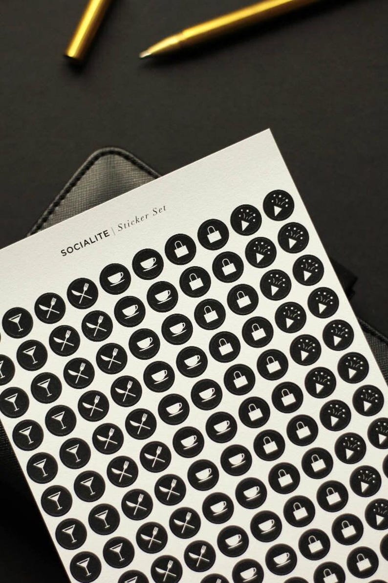 Socialite Black Icon Sticker Set - Chic Planner Stickers - Simple Stickers - Reminder Stickers, Cute Minimal Planner Sticker, Meal Stickers image 1