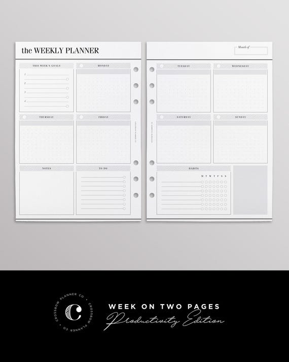 Printed A5 Productivity Weekly Planner Inserts | Week On Two Pages Undated Calendar | Filofax-Compatible Refill