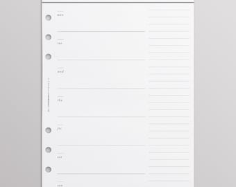 May include: A white weekly planner insert page with black text and lines. The top header reads WEEKLY. The left side features six binder holes and the text CROSSBOWPRINTABLES. Each day from Monday to Sunday is listed with a horizontal line for notes.
