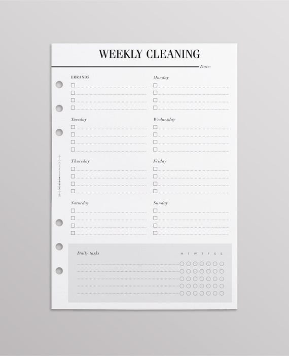 PRINTED Weekly Cleaning Schedule | Cleaning Checklist | Cleaning Planner Pages |  Chore Chart Inserts | A5 Planner Inserts Printed