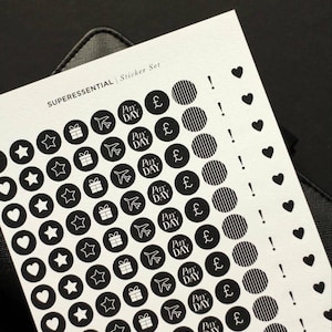 SuperEssential Minimal Planner Stickers - Black and White Icon Stickers - Mini Sticker Kit - Chic Birthday Finance Travel Black Stickers