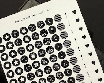 SuperEssential Minimal Planner Stickers - Black and White Icon Stickers - Mini Sticker Kit - Chic Birthday Finance Travel Black Stickers