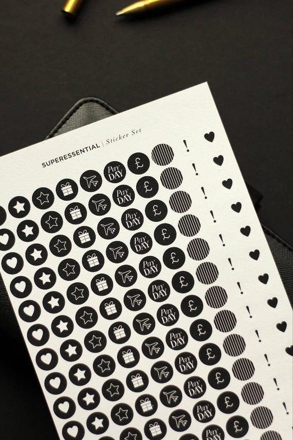 SuperEssential Minimal Planner Stickers - Black and White Icon Stickers - Mini Sticker Kit - Chic Birthday Finance Travel Black Stickers