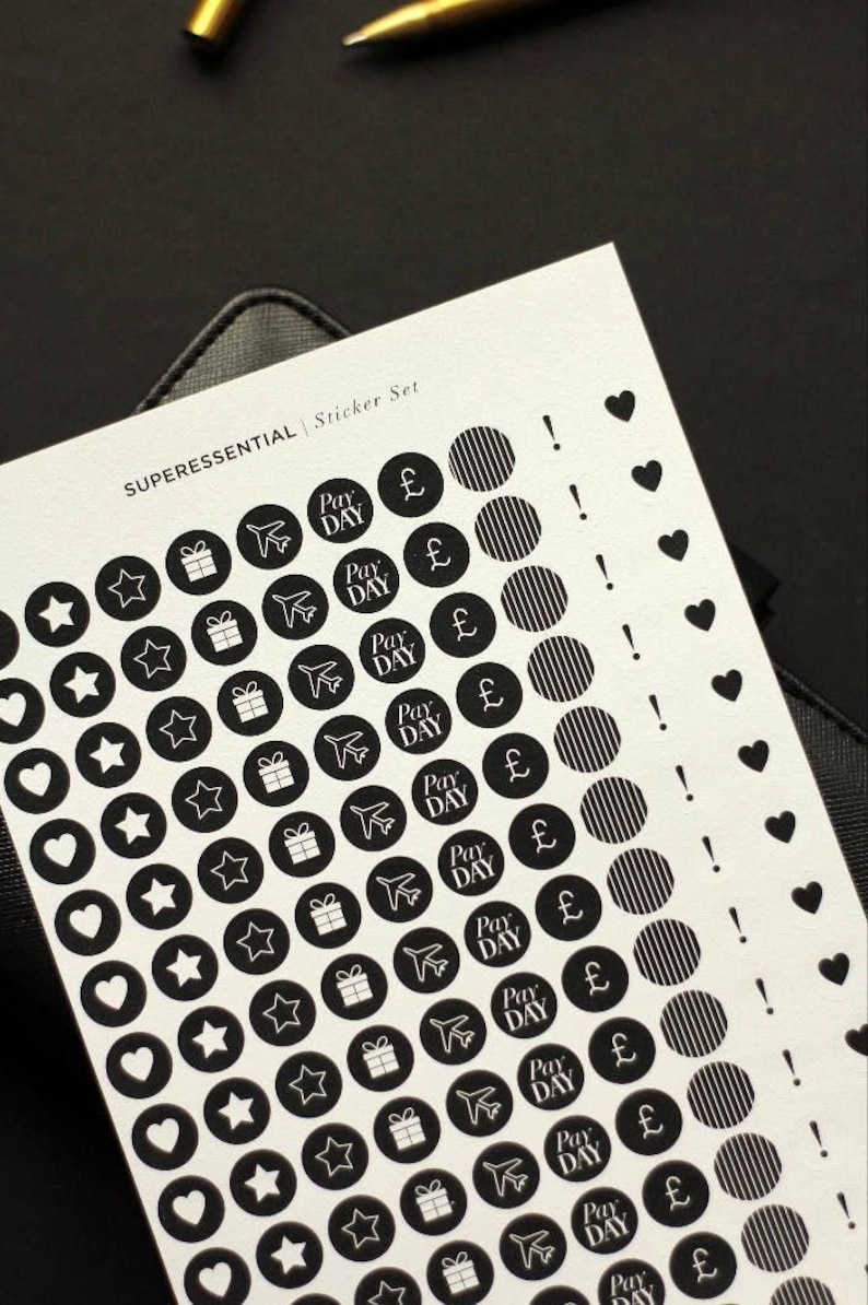 SuperEssential Minimal Planner Stickers - Black and White Icon Stickers - Mini Sticker Kit - Chic Birthday Finance Travel Black Stickers image 1