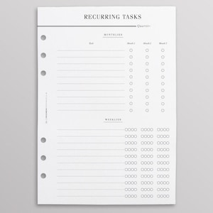 May include: A white planner insert page titled RECURRING TASKS with sections for MONTHLIES and WEEKLIES. The page features six binder holes on the left, horizontal lines for writing, and circular checkboxes for tracking tasks over three months.