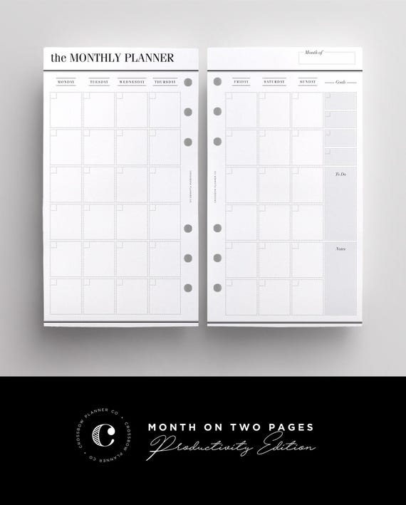 PRINTED MO2P Productivity Edition | Printed Personal Size Inserts | Monthly Planner Inserts | Month On Two Pages | Printed Personal Planners