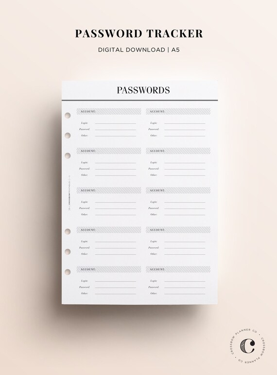 PRINTABLE A5 Password Log Printable A5 Password Keeper | Etsy