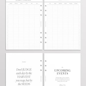 May include: A set of four white planner pages with black text and punch holes. Two pages feature a yearly overview grid for months January through December. One page displays the quote Don't JUDGE each day by the HARVEST you reap, but by the SEEDS YOU PLANT. One page is titled the UPCOMING EVENTS.