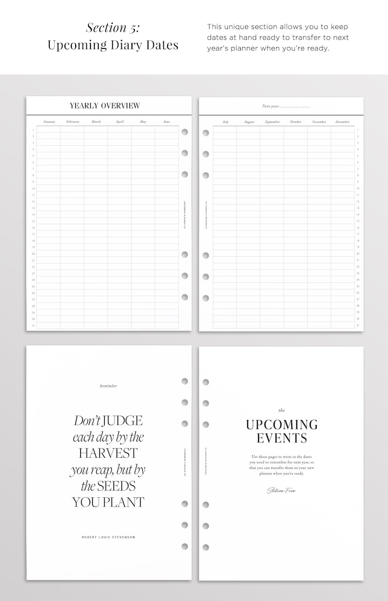 May include: A set of four white planner pages with black text and punch holes. Two pages feature a yearly overview grid for months January through December. One page displays the quote Don't JUDGE each day by the HARVEST you reap, but by the SEEDS YOU PLANT. One page is titled the UPCOMING EVENTS.