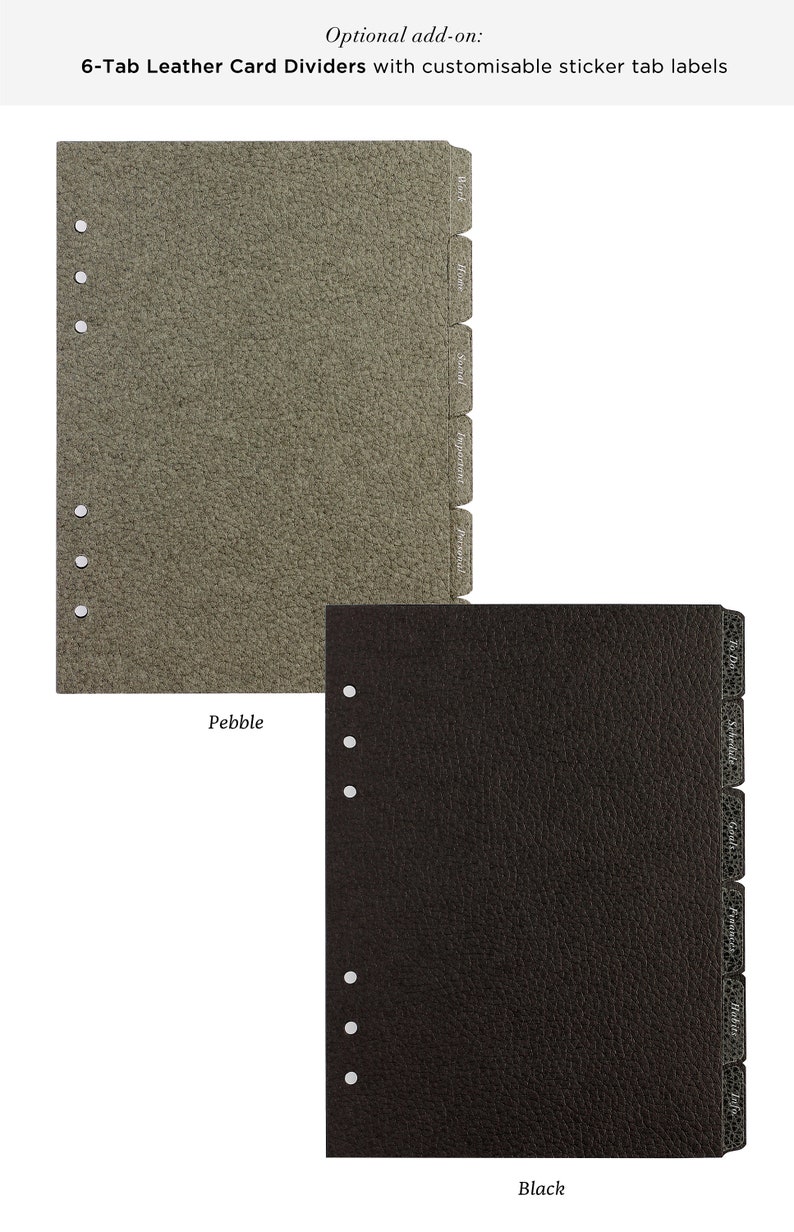 May include: Two sets of 6-tab leather card dividers for planners, one in pebble gray and one in black. Each divider features six punched holes along the left edge and six labeled tabs on the right side. The text reads: Optional add-on: 6-Tab Leather Card Dividers with customisable sticker tab labels.