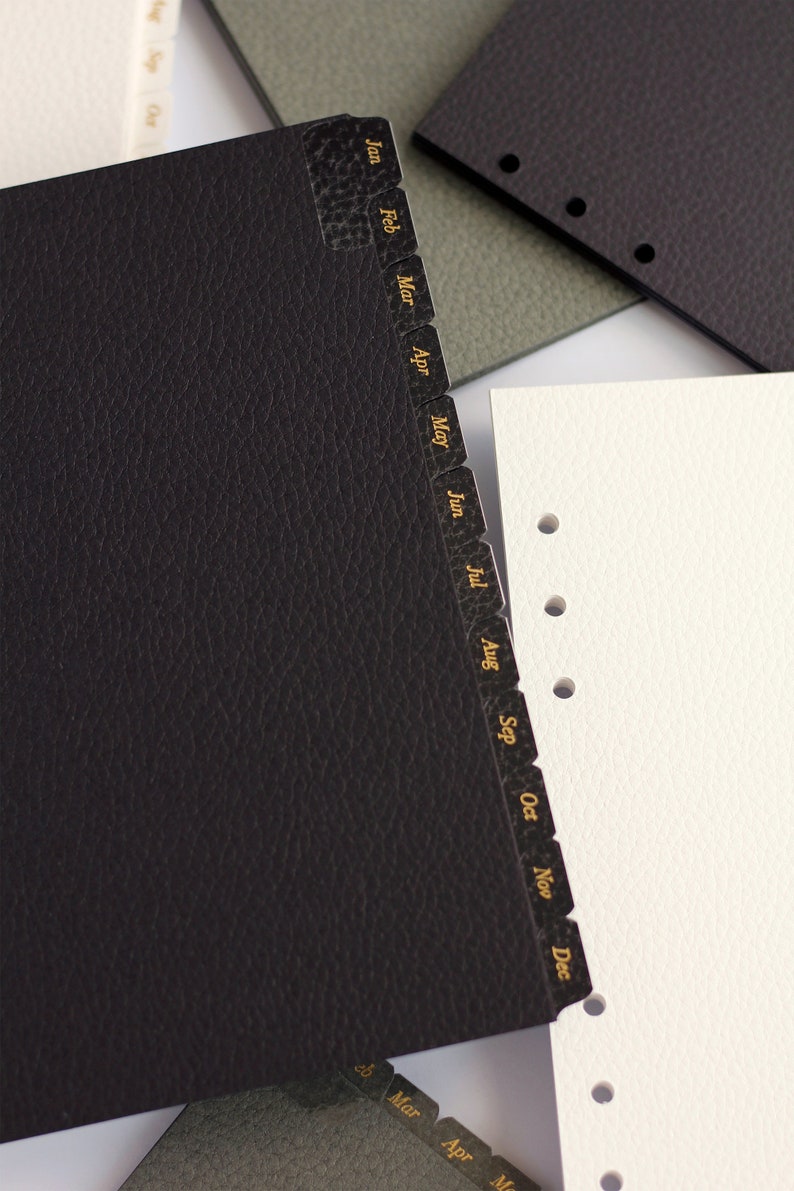 Leather Card Monthly Dividers A5 & Personal Size Black, Grey and Gold Foil Minimal Planner Dividers with Laminated Tabs image 4