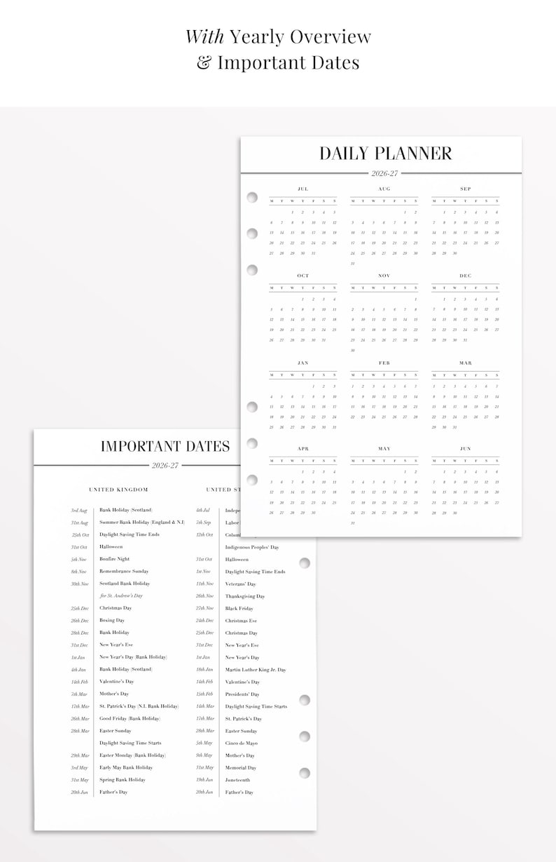 May include: A white daily planner and important dates list for 2026-27. The planner includes a calendar with months from July to June. The important dates list includes holidays for the United Kingdom and United States.