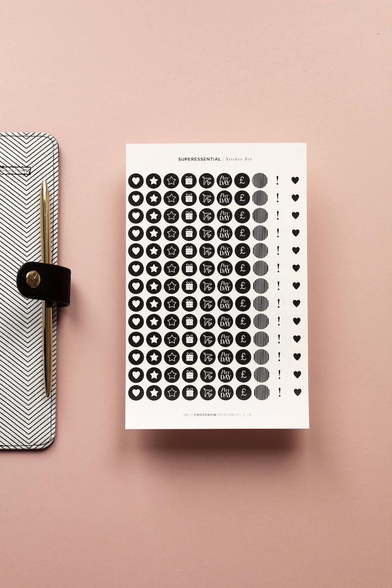 SuperEssential Minimal Planner Stickers - Black and White Icon Stickers - Mini Sticker Kit - Chic Birthday Finance Travel Black Stickers image 3