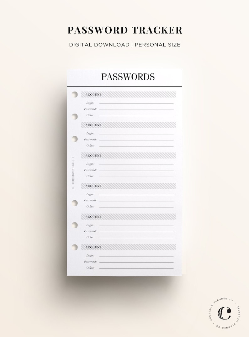 PRINTABLE PERSONAL Password Keeper Personal Size, Password Log / Tracker, Printable Kikki K Medium Inserts, Printable Personal Planner Pages image 1