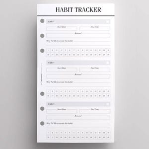Könnte beinhalten: Ein weißer Habit-Tracker-Einleger aus Papier mit schwarzem Text und Linien. Die Überschrift lautet HABIT TRACKER. Er enthält drei Abschnitte zur Gewohnheitsverfolgung mit Feldern für Startdatum, Enddatum, Belohnung, Motivation und ein nummeriertes Raster von 1 bis 30.