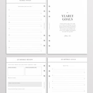 May include: A set of four white planner pages with black text and punch holes along the left side. The pages feature sections titled Yearly Goals and Quarterly Review, including numbered lists, checkboxes, and prompts for personal reflection.