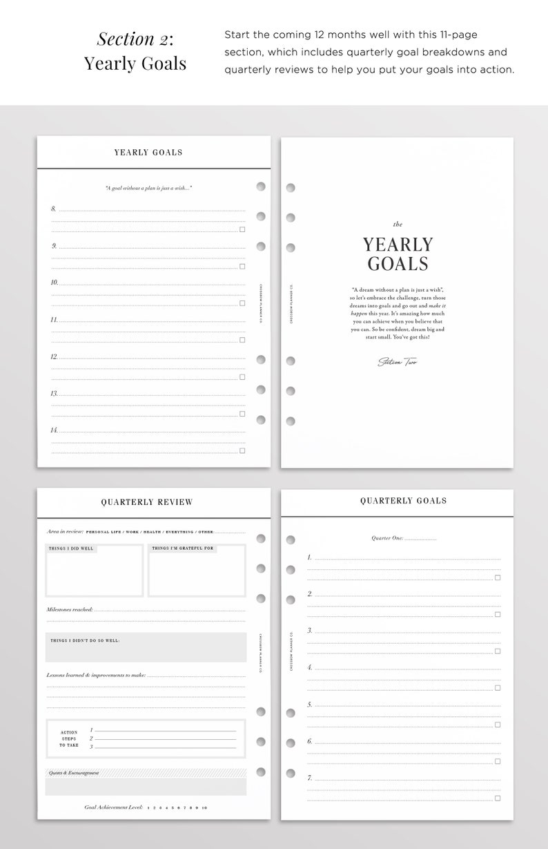 May include: A set of four white planner pages with black text and punch holes along the left side. The pages feature sections titled Yearly Goals and Quarterly Review, including numbered lists, checkboxes, and prompts for personal reflection.