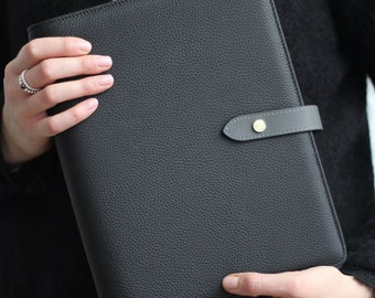 Luxe A5 Leather Planner Cover with Gold Rings | 'Noir' Black & Grey 6-Ring Binder Agenda | Crafted from full-grain leather