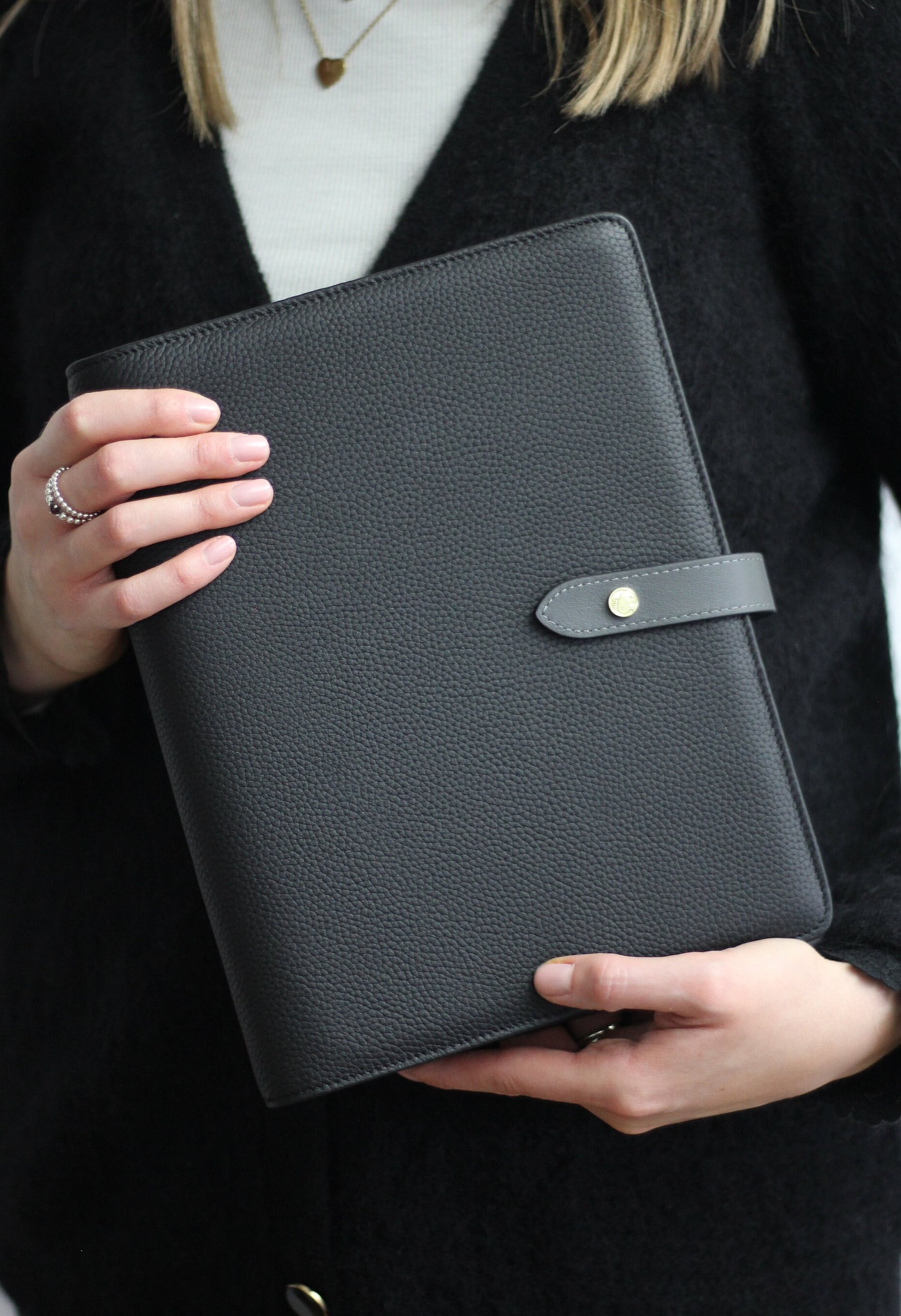 A5 Binder Real Leather Planner Cover with Gold Rings | Black & Grey 6-Ring A5 Ring Binder | Crafted from full-grain leather, Gift for her