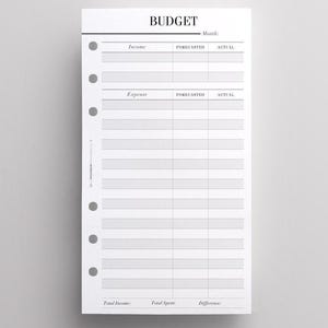 May include: A white budget planner insert with six binder holes on the left side. The page features sections for Income and Expense with columns for Forecasted and Actual amounts. The bottom includes fields for Total Income, Total Spent, and Difference.