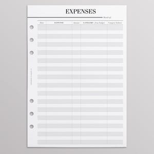 Peut inclure: Une feuille de suivi des dépenses imprimable avec des colonnes pour la date, la dépense, le montant, la catégorie, le budget et le solde de la catégorie. La feuille est conçue pour être utilisée dans un planificateur personnel ou un carnet.