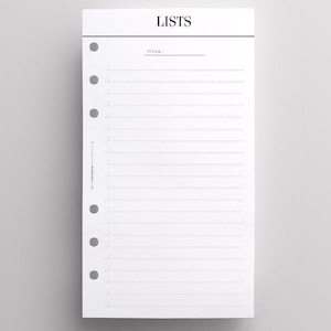 Op de afbeelding: Een witte, printbare plannerpagina met het woord "LISTS" bovenaan en een regel voor een titel. De pagina heeft een gestippelde lijn aan de linkerkant en een reeks horizontale lijnen om op te schrijven.