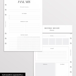 May include: Two white planner pages with black text and punch holes on the left side. The left page is titled JANUARY and includes sections for intentions, top three, important tasks, and monthly habits. The right page is a MONTHLY REVIEW for January with sections for wins, gratitude, to work on, and next month.