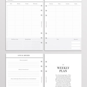 May include: A set of white planner inserts featuring weekly planning pages with columns for Monday through Sunday, task lists, habit trackers, and notes. Includes an annual review page with reflection prompts and a page titled The Weekly Plan.