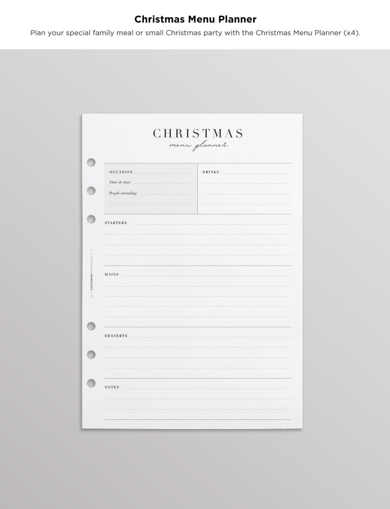 Op de afbeelding: Een wit papieren kerstmenu-plannerblad met zes ringbandgaten aan de linkerkant. De koptekst luidt Christmas menu planner. Secties bevatten Occasion, Date & time, People attending, Drinks, Starters, Mains, Desserts en Notes met lijnen.