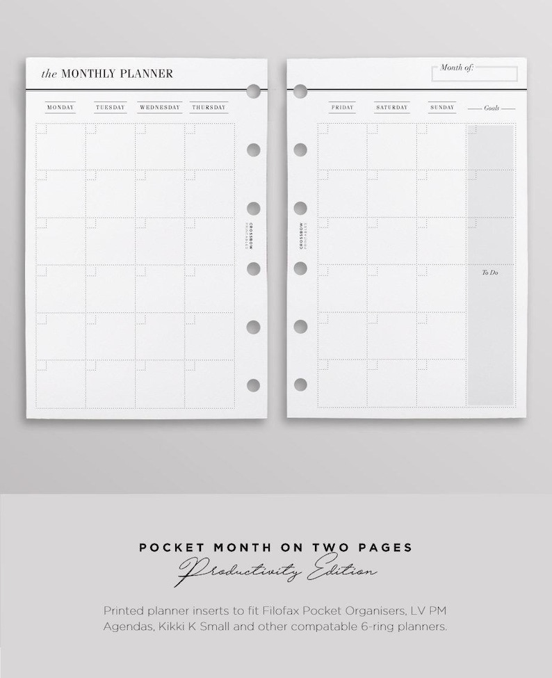 PRINTED MO2P Productivity Edition | Printed Pocket Size Monthly Inserts | Pocket Month On Two Pages | Printed Pocket Size Planners LV PM image 1