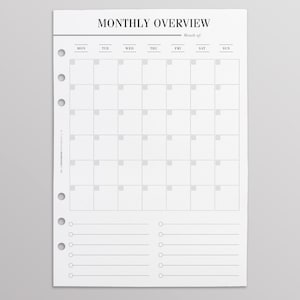 Könnte beinhalten: Eine schwarz-weiße Monatsübersicht-Planerseite mit einem Raster für jeden Tag der Woche, beschriftet von Montag bis Sonntag. Die Seite hat auch einen Abschnitt für Notizen mit leeren Zeilen und Kreisen.