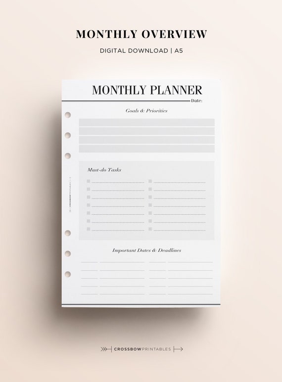 PRINTABLE A5 Monthly Planner Printable Month at a Glance | Etsy