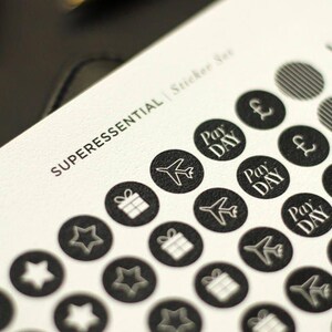 SuperEssential Minimal Planner Stickers - Black and White Icon Stickers - Mini Sticker Kit - Chic Birthday Finance Travel Black Stickers image 2