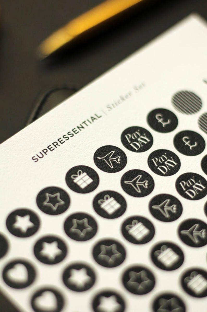 SuperEssential Minimal Planner Stickers - Black and White Icon Stickers - Mini Sticker Kit - Chic Birthday Finance Travel Black Stickers image 2