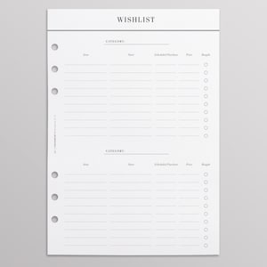 PRINTED A5 Wunschliste Planer Einlagen | Minimale Planer Einlagen für GM Agenda, A5 Filofax, Kikki K Large