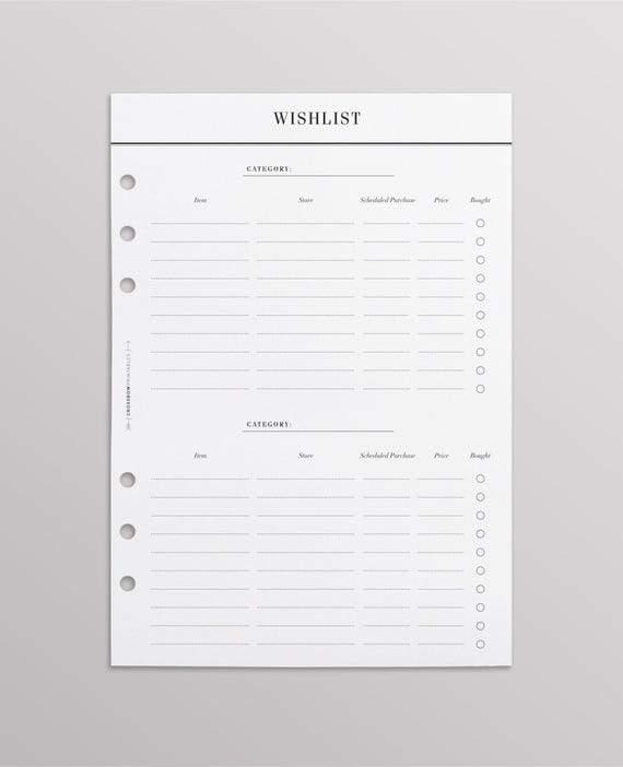 Printed A5 Wishlist Planner Inserts | Minimal Shopping Refills for 6 Ring Agendas