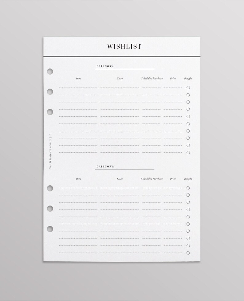 Printed A5 Wishlist Planner Inserts | Minimal Shopping Refills for 6 Ring Agendas image 1