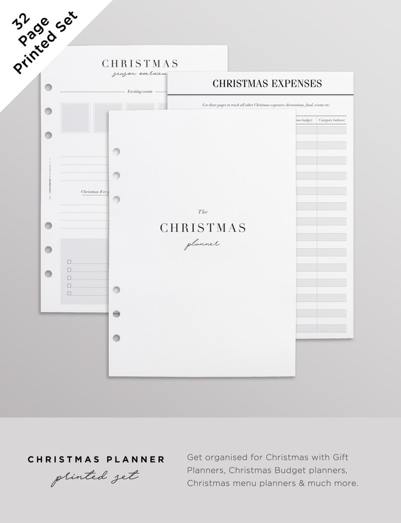 Op de afbeelding: Een 32-pagina tellende, geprinte kerstplanner-set bestaande uit wit, geperforeerd papier met zwarte tekst. De pagina's bevatten koppen zoals The Christmas Planner, Christmas Expenses en Christmas Season Overview.