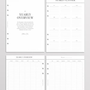 May include: Four white planner pages with black text and punch holes along the left side. The pages feature headers including Section 1: At a Glance, Yearly Overview, and Yearly Planner, with grids for months and days to organize the calendar year.