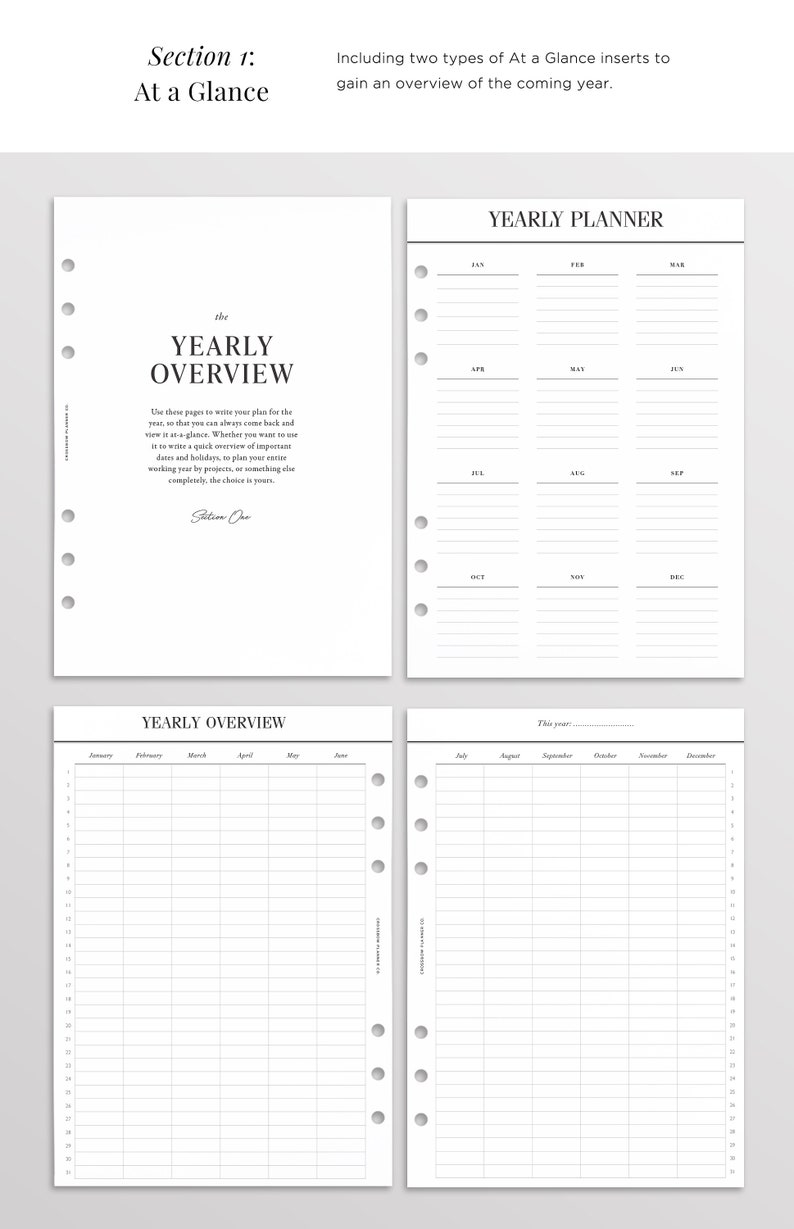May include: Four white planner pages with black text and punch holes along the left side. The pages feature headers including Section 1: At a Glance, Yearly Overview, and Yearly Planner, with grids for months and days to organize the calendar year.