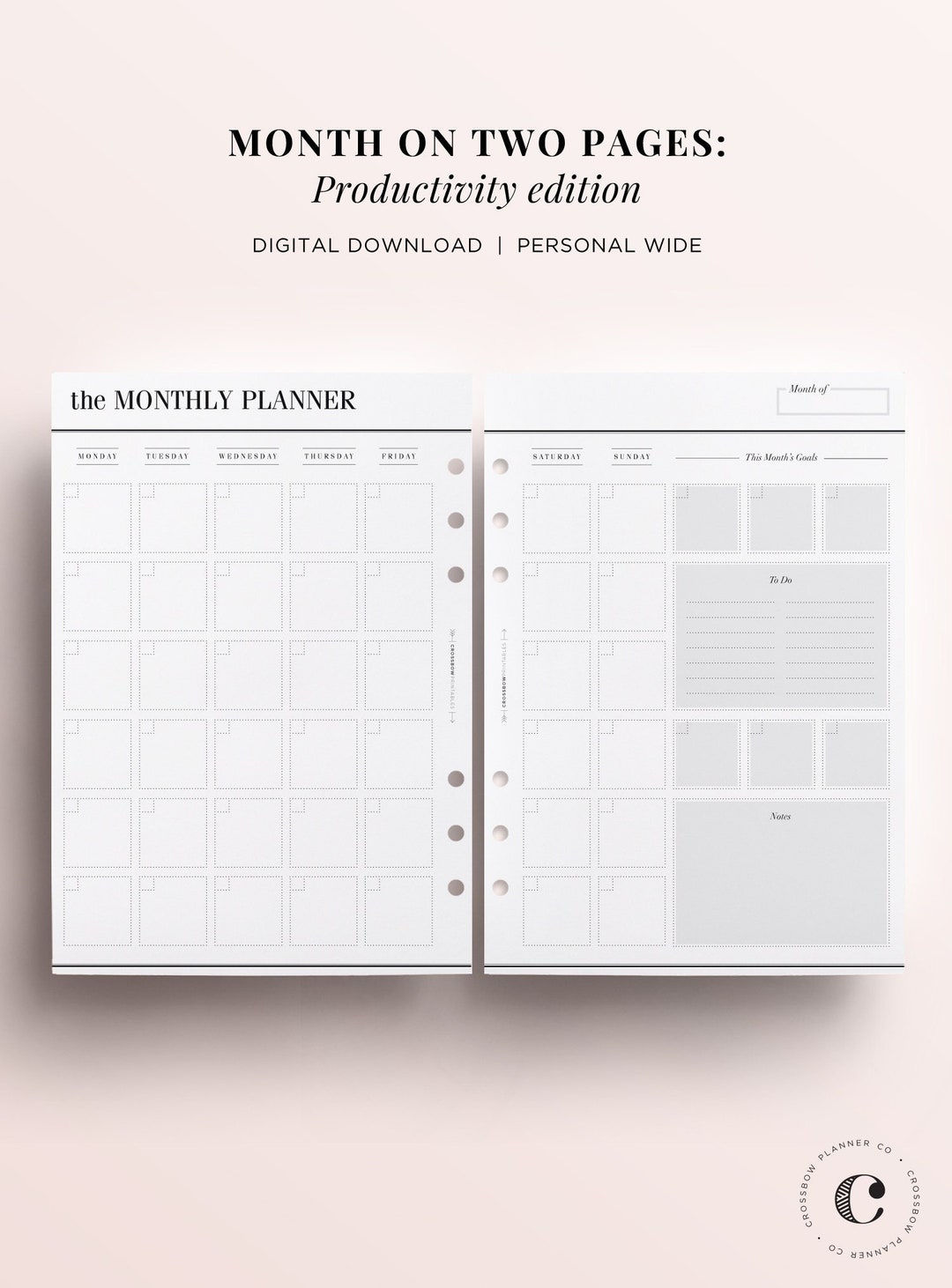 PRINTABLE Personal Wide Monthly Planner Printable, Month on Two Pages ...