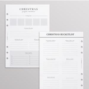 Op de afbeelding: Twee witte plannerpagina's met zwarte tekst en perforatiegaten aan de linkerkant. E&eacute;n pagina is getiteld Christmas Season Overview met secties voor plannen en taken. De andere pagina is getiteld Christmas Bucketlist met diverse lijnen.