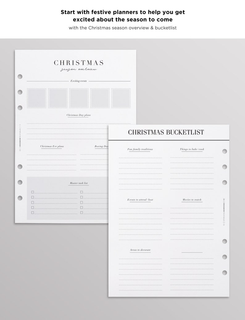Op de afbeelding: Twee witte plannerpagina's met zwarte tekst en perforatiegaten aan de linkerkant. E&eacute;n pagina is getiteld Christmas Season Overview met secties voor plannen en taken. De andere pagina is getiteld Christmas Bucketlist met diverse lijnen.