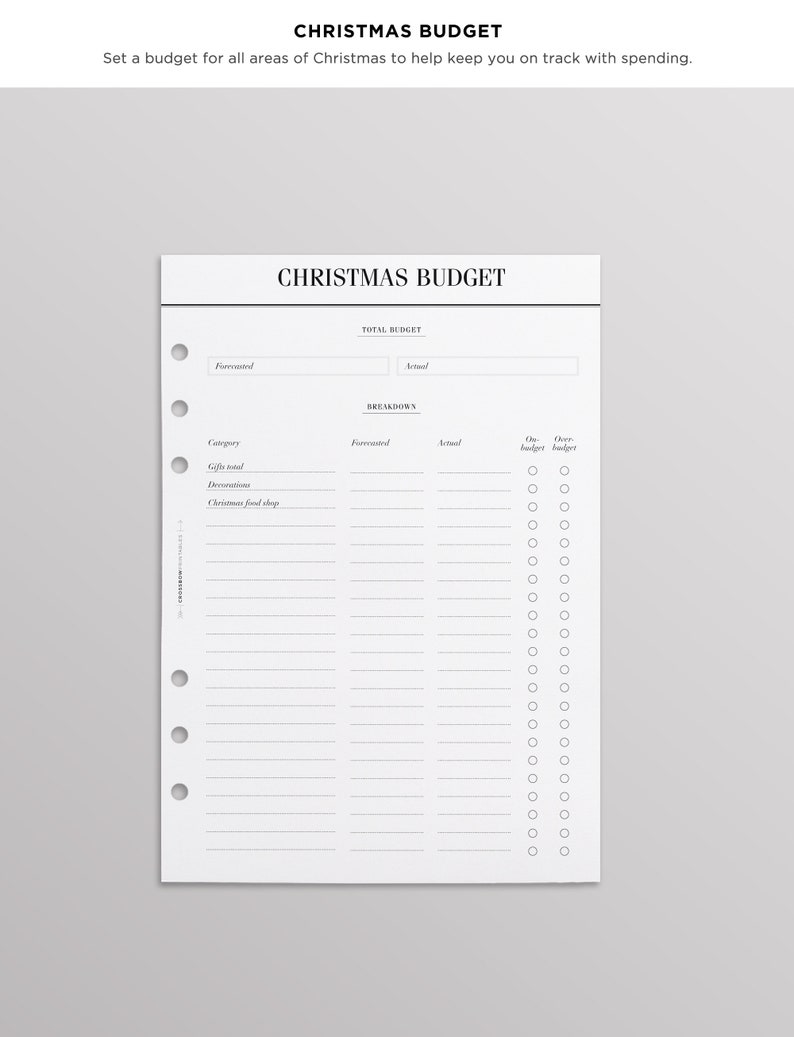 Op de afbeelding: Een wit papieren planner-inlegvel met de titel CHRISTMAS BUDGET, voorzien van secties voor het totale budget, verwachte en werkelijke uitgaven, en een tabel voor categorie&euml;n zoals cadeaus, decoraties en eten, met zes ringbandgaten.