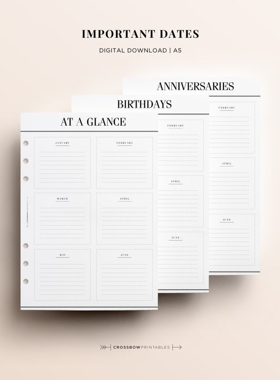 PRINTABLE A5 Important Dates Printable At A Glance Printable Etsy
