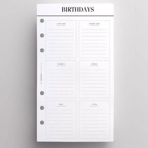 PRINTED At A Glance Inserts | Printed Filofax Personal Inserts, Birthday & Anniversary Tracker Planner Pages, Printed LV Agenda MM Refill
